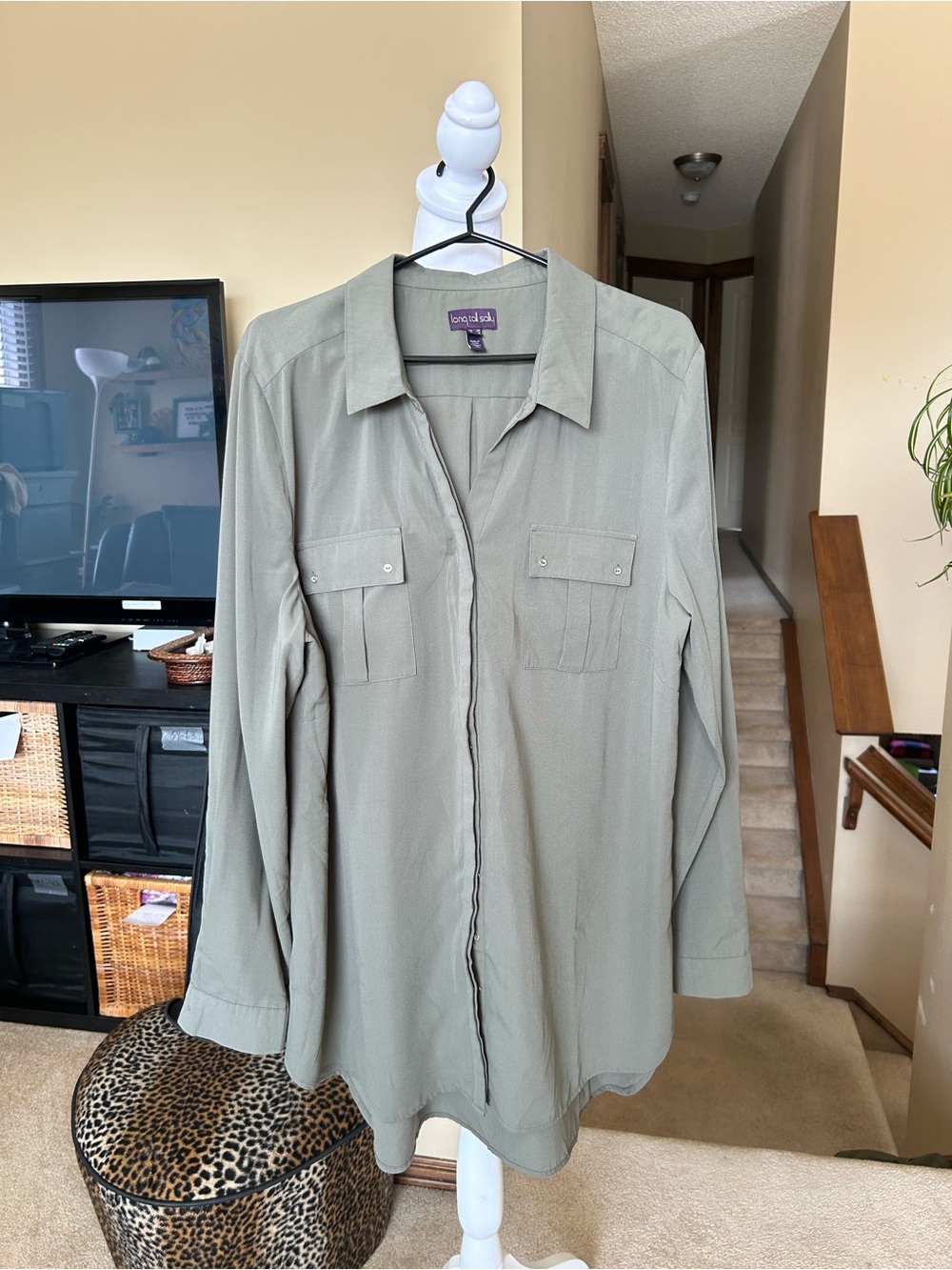 long tall sally olive button-up Long-Sleeve Safari shirt/Blouse